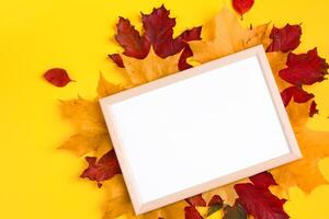 Empty wooden frame mock up and autumn leaves on yellow background. Template for design. photo