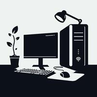 Computer desk with lamp and plant on it vector