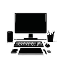 Computer desk with keyboard, mouse, monitor and other items vector