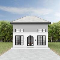 The exterior of a simple, classic style house is white, front view. 3D Rendering photo