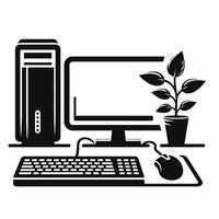 Computer desk with mouse and plant on white background vector