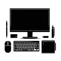 Computer desk with keyboard, mouse, pen and other items vector