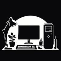 Computer desk with lamp, keyboard, mouse and monitor vector