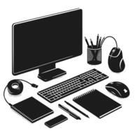 Computer desk with accessories, mouse, pen, and other items vector