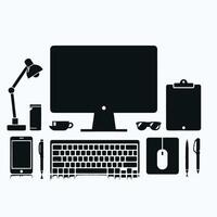 Computer desk with keyboard, mouse, monitor, phone, and other items vector
