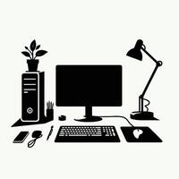 Computer desk with lamp, mouse, keyboard and other items vector