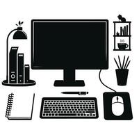 Computer desk with computer, mouse, keyboard, lamp, books, and other items vector