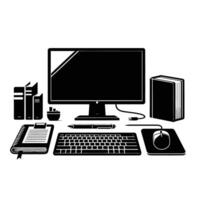 Computer desk with keyboard, mouse, and other items vector
