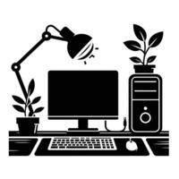 Computer desk with lamp and plant vector