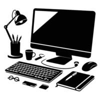 Computer desk with keyboard, mouse, lamp, and other items vector