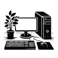 Computer desk with keyboard, mouse and monitor vector