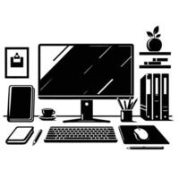 Computer desk with monitor, keyboard, mouse and other items vector