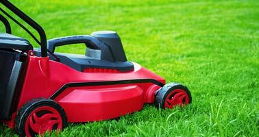 The process of mowing the lawn with a lawnmower. Red and black lawnmower on green grass web size photo