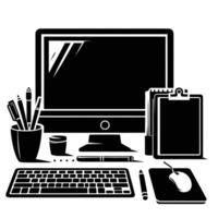 Computer desk with a monitor, keyboard, mouse and other items vector
