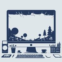 Computer monitor with a landscape view, a laptop, a mouse, a keyboard, and a cup vector