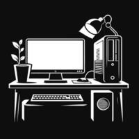 Computer desk with monitor, keyboard and lamp on black background vector