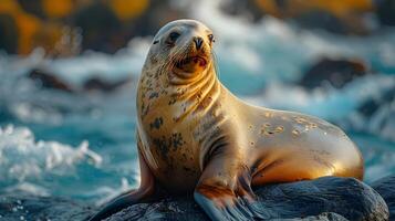 Sea Lion Resting on Rocks with Ocean Waves in the Background - Realistic Wildlife Photo