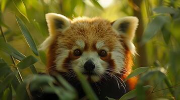 Red Panda Peeking Through Lush Green Foliage - Realistic Photo