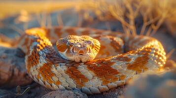Close-up of a Snake's Head with Golden Scales in a Desert Setting - Realistic Photography photo