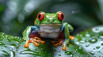 Green Tree Frog with Red Eyes on a Leaf - Realistic Image photo
