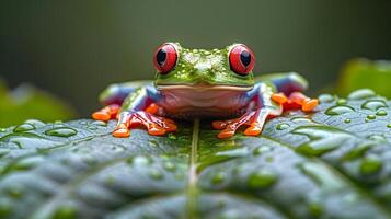 Close-Up of a Green Tree Frog on a Dew-Covered Leaf - Realistic Image photo