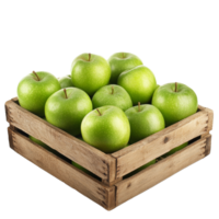 A wooden box filled with vibrant green apples stands isolated on a transparent background, perfect for healthy snacking, green apples in wooden boxon transparent background png