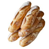 Several warm baguettes are stacked on parchment paper, showcasing their golden crust and soft interior, group stack of baguette bread png