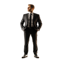 A professional man stands upright in a sleek suit, exuding confidence and professionalism in a modern setting, Businessman man wearing a suit standing up on transparent background png