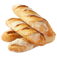 A stack of freshly baked baguettes resting on a clean surface, highlighting their golden crust and soft texture, baguette bread group stack isolated transparent background png