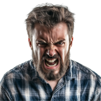 A frustrated man with a beard shows his anger while standing against a transparent background, revealing strong emotions, angry man on transparent background png