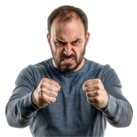 A man is showing anger with his fists clenched and a fierce expression, isolated against a plain backdrop, angry man on transparent background png