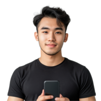 A young Asian man is focused on his mobile smart device while standing in a well-lit room, Attractive young smart Asian man using mobile smart phone transparent background png