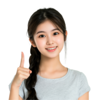 A cheerful Asian girl with a braid joyfully points her finger to the side, showcasing excitement and enthusiasm, Asian pretty girl pointing finger to the sideon transparent background png