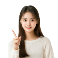 A pretty girl with long hair smiles and gestures to the side with her finger, showcasing a cheerful demeanor, Asian pretty girl pointing finger to the sideon transparent background png