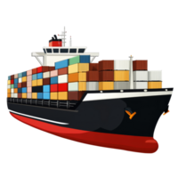 A vibrant cargo container ship is loaded with various containers, sailing over calm waters in broad daylight, cargo container ship illustrationon transparent background png