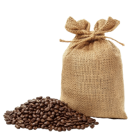Fresh roasted coffee beans spilling from a burlap jute bag on a transparent background create a striking visual, coffee beans with jute bag on transparent background png