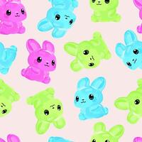 seamless pattern with colorful gummy rabbits on light pink background vector