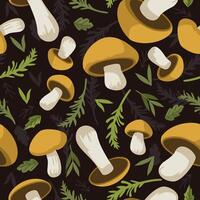 seamless pattern with bright mushrooms and forest green branches on dark background vector
