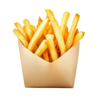 A serving of crispy french fries is presented in a brown paper container, highlighting their golden, inviting texture, french friesfried potatoes on transparent background png