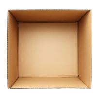 An open cardboard box awaits items for shipping, showcasing its size in a minimalistic setting, empty open cardboard box for shipping on transparent background png