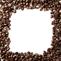 A decorative arrangement of coffee beans forms a square frame on a clean transparent background for design use, coffee beans frame isolated transparent background png