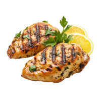 Grilled chicken breast garnished with herbs and lemon slices for a fresh, appetizing look, grilled chicken on transparent background png