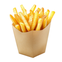 Freshly cooked golden French fries served in a brown paper container, placed against a clean backdrop, french friesfried potatoes on transparent background png