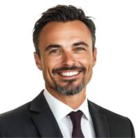 A confident businessman with a warm smile poses against a transparent background, exuding success and approachability, confident smiling business man on transparent background png