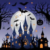 Halloween background with castle, bats and moon vector
