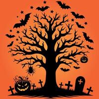 Halloween tree with flying bats hanging spider and pumpkin in tree branch vector