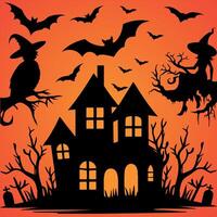 Halloween house with bats and witches on orange background vector