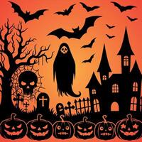 Halloween background with ghost, pumpkins and graveyard vector