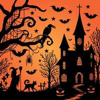 Halloween background with castle, witch, cat and bats vector