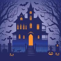 Halloween house with bats and pumpkins on the front vector